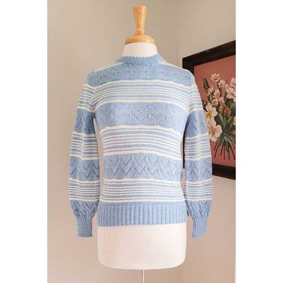 70s Pointelle Long Sleeve Cutwork 1970s Vintage Blue Striped Vintage Sweater - Picture 16 of 16